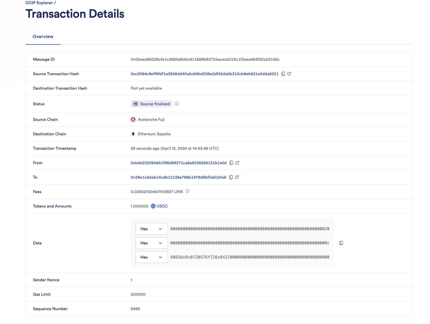 Chainlink CCIP Explorer transaction details